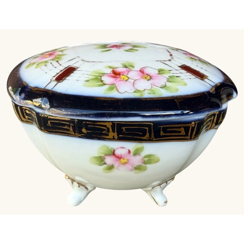 Antique Nippon Powder Jar- Morimura Wreath- Footed Porcelain Trinket Box Cobalt